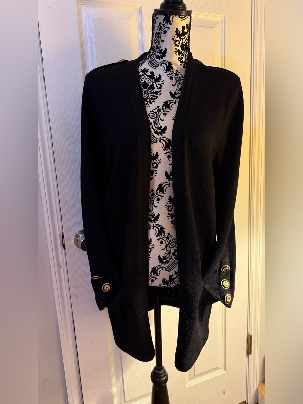 St John Separates Medium Long Open Front Cardigan Black Knit Jacket Logo Buttons - Picture 2 of 7